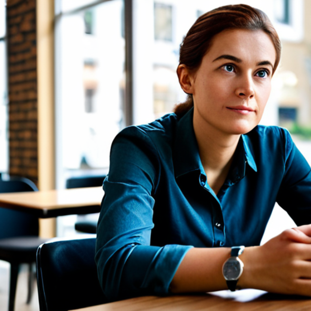 A professional individual, fully clothed in a modest, smart casual outfit, is seated at a table in a clean, modern cafe. The person subtly glances at their watch with a thoughtful and slightly concerned expression, conveying a quiet sense of internal urgency. The pose is natural and composed. The background is softly blurred, indicating a public setting. Professional photography, high resolution, natural light, soft focus background, safe for work, appropriate content, perfect anatomy, correct proportions, well-formed hands, proper finger count, natural body proportions.