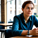 A professional individual, fully clothed in a modest, smart casual outfit, is seated at a table in a clean, modern cafe. The person subtly glances at their watch with a thoughtful and slightly concerned expression, conveying a quiet sense of internal urgency. The pose is natural and composed. The background is softly blurred, indicating a public setting. Professional photography, high resolution, natural light, soft focus background, safe for work, appropriate content, perfect anatomy, correct proportions, well-formed hands, proper finger count, natural body proportions.