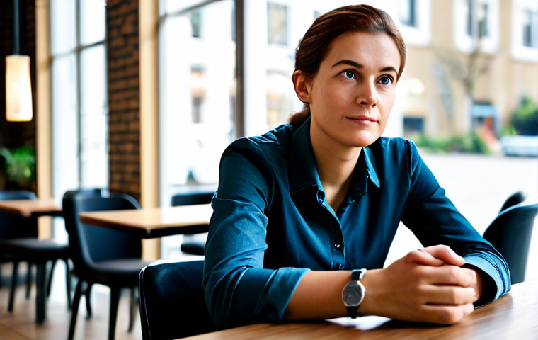A professional individual, fully clothed in a modest, smart casual outfit, is seated at a table in a clean, modern cafe. The person subtly glances at their watch with a thoughtful and slightly concerned expression, conveying a quiet sense of internal urgency. The pose is natural and composed. The background is softly blurred, indicating a public setting. Professional photography, high resolution, natural light, soft focus background, safe for work, appropriate content, perfect anatomy, correct proportions, well-formed hands, proper finger count, natural body proportions.